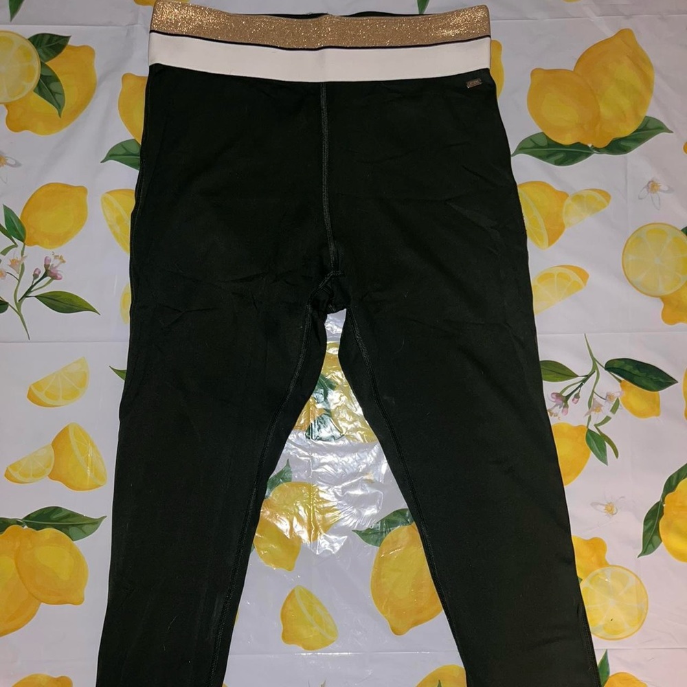 PINK Green leggings with gold and white waist band! Only worn once!